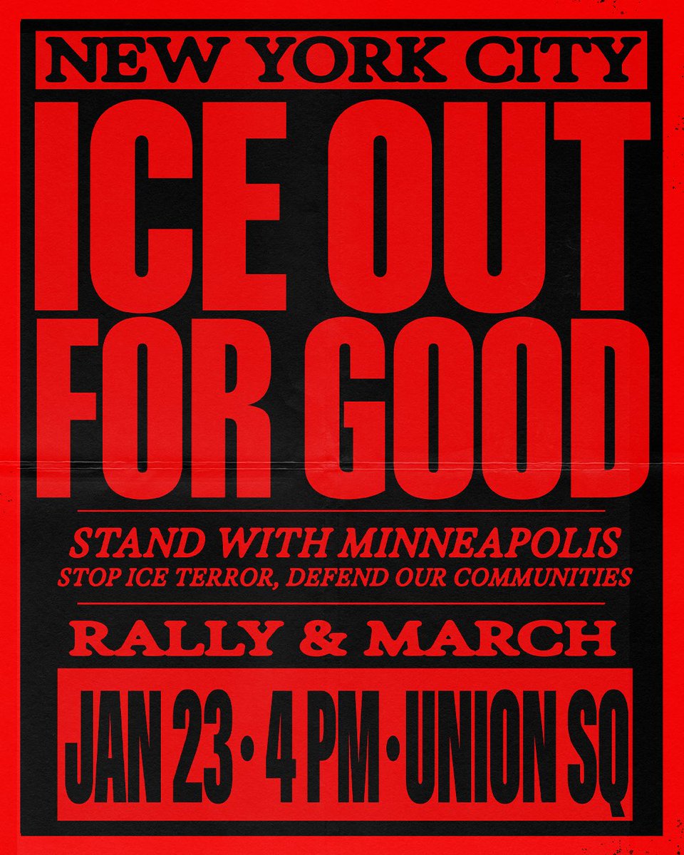 PeoplesForumNYC's tweet image. 🚨 STAND WITH MINNEAPOLIS! ICE OUT FOR GOOD!

Join us this Friday at 4pm in Union Square as we stand in solidarity with Minneapolis in their statewide shutdown demanding an end to ICE terror! 

Together we will make it clear that we refuse to allow for Trump to use ICE and the…