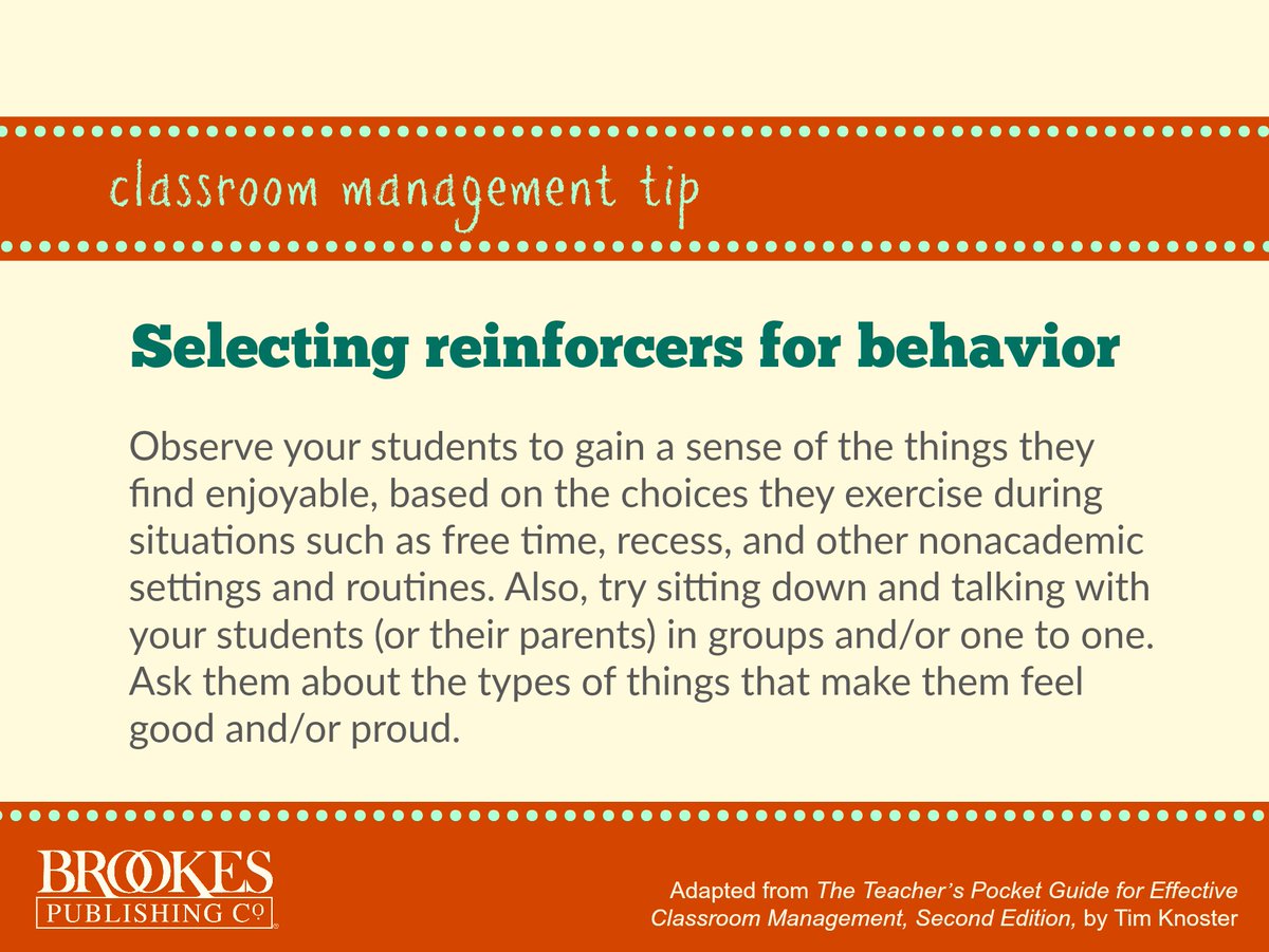 BrookesPubCo's tweet image. Tips on selecting reinforcers for positive behavior. #PBIS #PositiveBehaviorSupport #TeacherTips