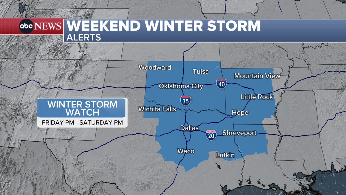 Winter storm watches have been posted for most of Oklahoma, North Texas, NW Louisiana &amp; most of Arkansas. This is for the start of the MAJOR winter storm that will spread all the way to the east coast this weekend. Keep an eye on details as get closer but I would avoid travel