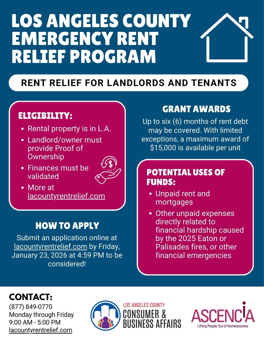 Are you facing financial hardship due to the Eaton or Palisades fires?

L.A. County is offering Rent Relief for qualifying applicants!

See if you qualify and apply by January 23, 2026 at 4:59 PM

Find out more at lacountyrentrelief.com and share this post to spread the word 📲
