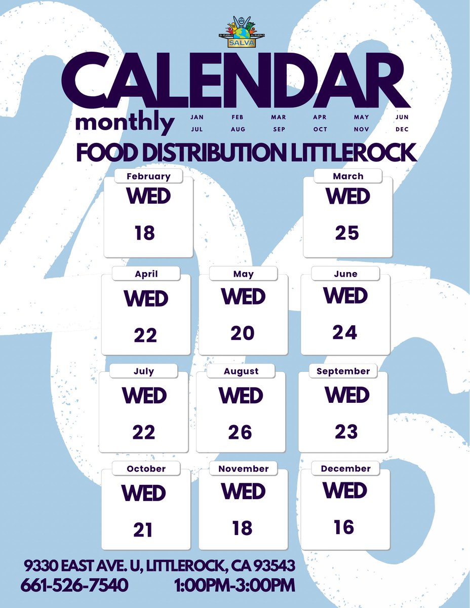 SALVAORG2's tweet photo. Annual Distribution Calendar 🥕🥫👶
SALVA supports families year-round with monthly food and diaper distributions.

📍 Palmdale 
📍 Littlerock | Lake LA | Victorville 

🕣 Times vary by location (see flyer)
📞 661-526-7540

💛 Save &amp; share. https://t.co/TA4EIkbwhn