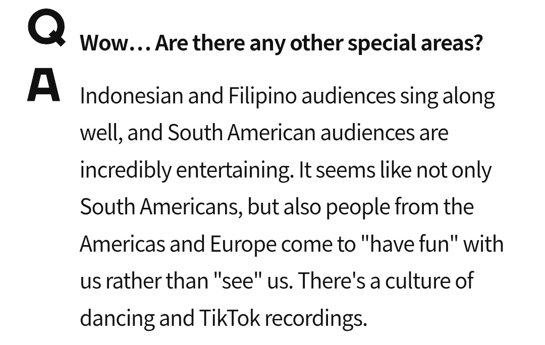 sunshine_080507's tweet image. Karina mentioned Filipino Fans!!!

Q: Wow… Are there any region (talking about audience during concert) that stand out? 

Karina: Indonesian and Filipino audiences sing along well to our songs, and South American audiences are incredibly entertaining. It seems like not only…