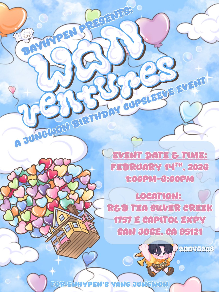 Let's go on an adventure!˚ ༘ ೀ⋆｡˚

BAYHYPEN presents⋆˙⟡

WONVENTURES! A Jungwon birthday cupsleeve event .ᐟ.ᐟ

🗓️ Saturday, 2/14/26
📍 R&amp;B Silver Creek in San Jose, CA 
⏰ 1:00pm-6:00pm PST

MORE INFO SOON˚꒰🐾୭ ˚. ᵎᵎ 

#ENHYPEN #JUNGWON