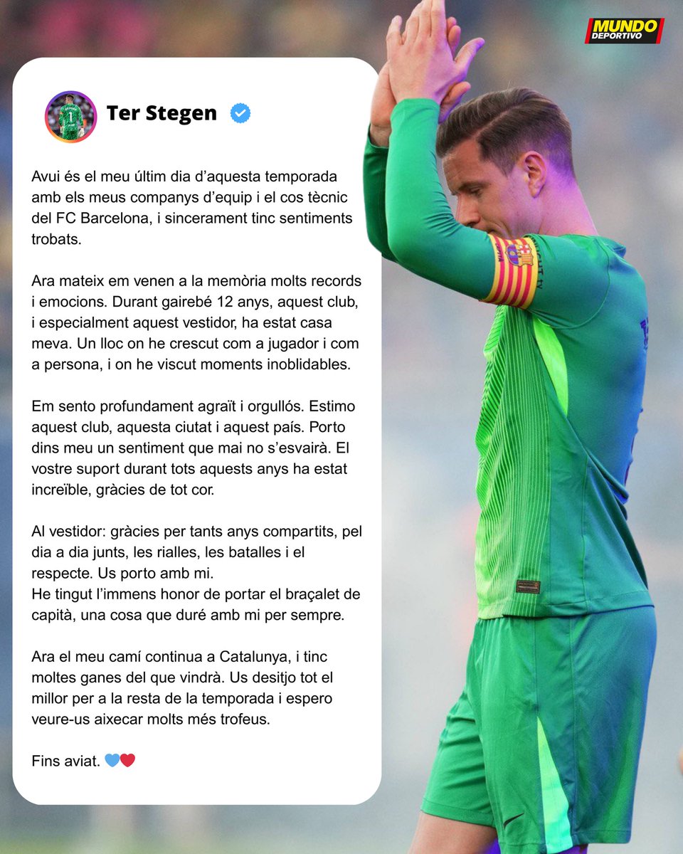 ❤️‍🩹 El mensaje en catalán de Marc-André ter Stegen despidiéndose del FC Barcelona:

“Hoy es mi último día de esta temporada con mis compañeros de equipo y el cuerpo técnico del FC Barcelona, y sinceramente tengo sentimientos encontrados.

Ahora mismo me vienen a la memoria muchos