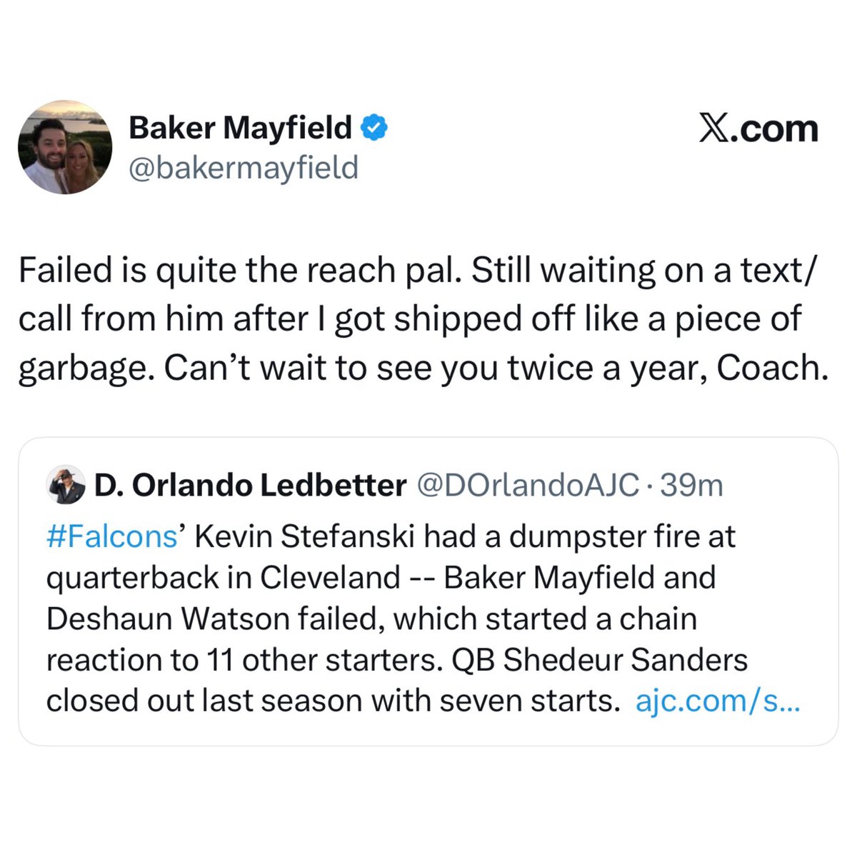 NFL_DovKleiman's tweet image. Holy Sh*t: Bucs QB Baker Mayfield goes OFF on Kevin Stefanski saying he shipped him out of Cleveland like he was a “piece of garbage.” 

“Can’t wait to see you twice a year, Coach.”

🍿🍿🍿