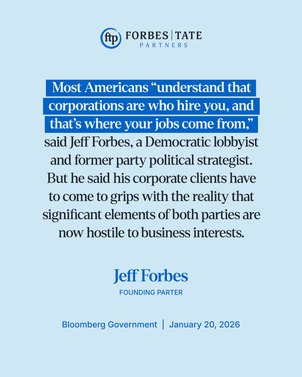 FTP Founding Partner Jeff Forbes on cross-party populist currents and the implications for corporate strategy in Washington.

Read the full piece from <a href="/bloomberggov/">Bloomberg Government</a>'s <a href="/JonathanTamari/">Jonathan Tamari</a>: news.bgov.com/bloomberg-gove…
