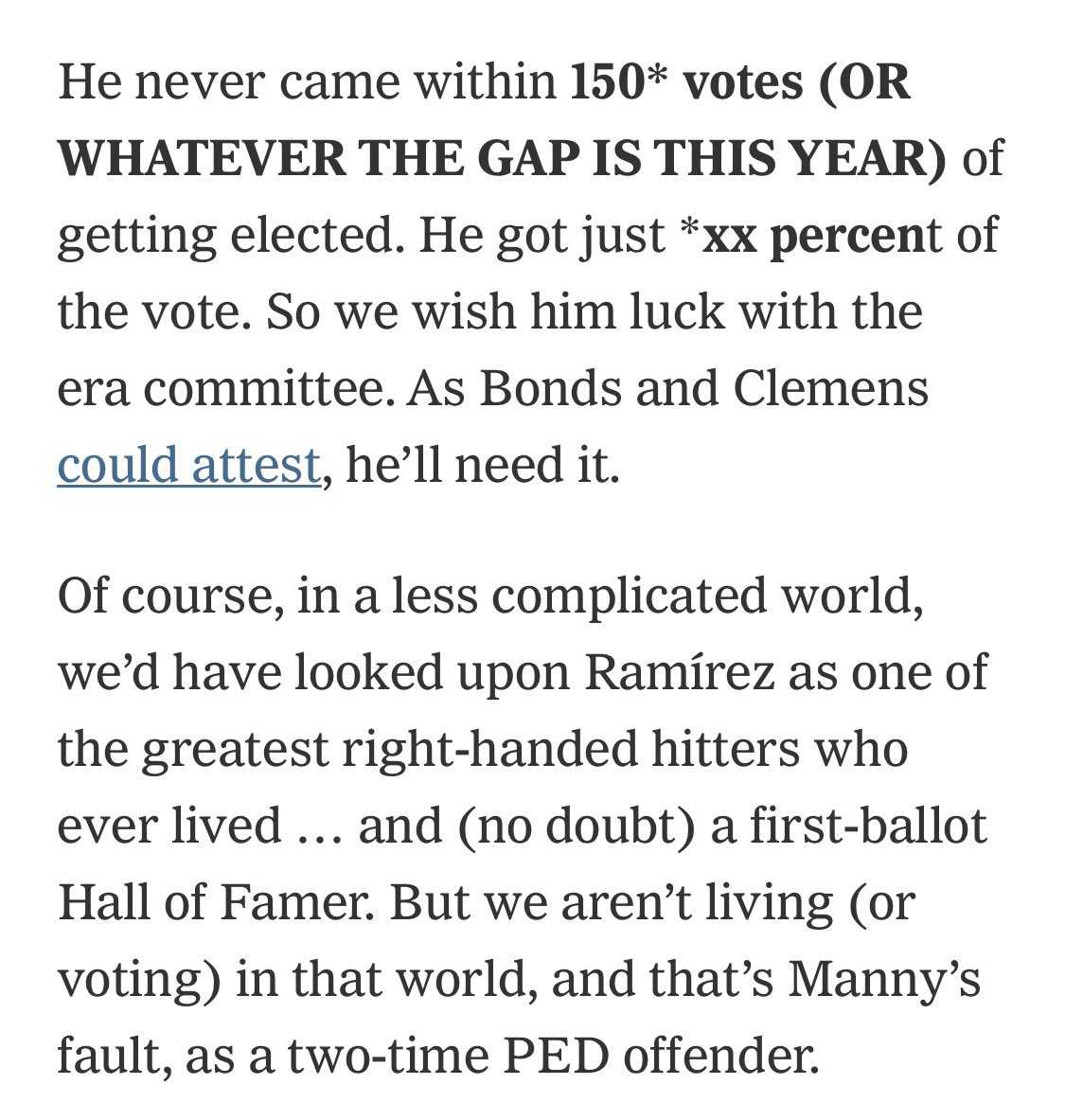IsraelsonLarry's tweet photo. This will likely be fixed any moment, but I imagine @jaysonst (Stark) is pretty peeved that @TheAthletic editors published his unfinished Hall of Fame recap chock full of bold-type notes regarding pending vote totals that still needed to be incorporated in the article. 🤦🏼‍♂️ https://t.co/ZPWsqwpPEc