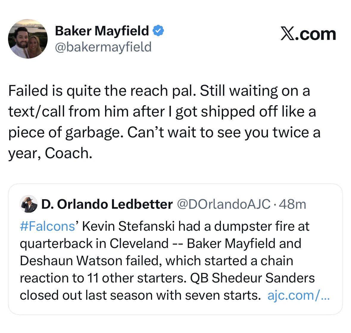 JennaLaineESPN's tweet photo. Bucs quarterback Baker Mayfield said he was “shipped off like a piece of garbage” from Cleveland and never got a call from coach Kevin Stefanski when it all went down. https://t.co/IDROKxzxyV