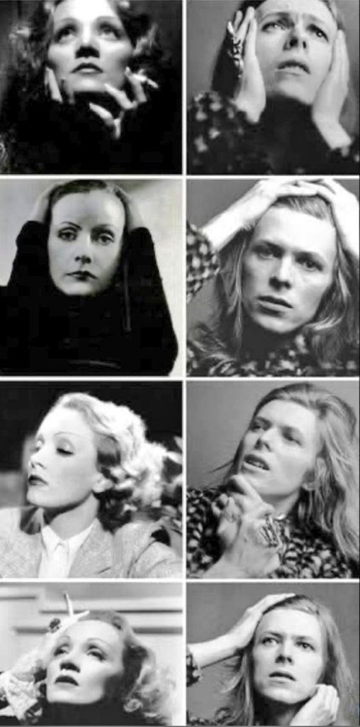 suzu1arbre's tweet photo. 1/20 #デヴィッド・ボウイの日

1971年、リリースされたデヴィッド・ボウイ(David Bowie)のアルバム『ハンキー・ドリー』(Hunky Dory)はマレーネ・ディートリヒ(Marlene Dietrich)から強く影響を受けた
ボウイは当時、ディートリヒの両性具有的な魅力に傾倒しカバーのアートワークは彼女のポーズを模倣 https://t.co/OnL7RbBrEI