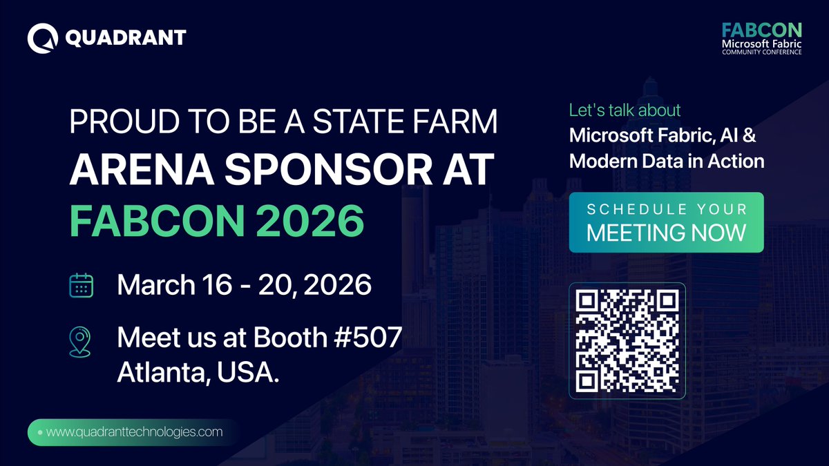 Quadrant Technologies is proud to be a State Farm Arena Sponsor at #FABCON2026 in Atlanta (Mar 16–20). Visit us at Booth #507 to explore Microsoft Fabric, AI-driven analytics &amp; modern data strategies. Schedule a meet: quadranttechnologies.com/fabcon