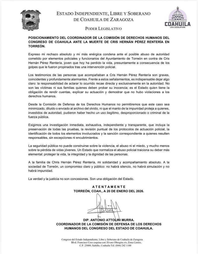 Mi rechazo es absoluto ante el posible abuso de autoridad cometido contra Cris Hernán Pérez Rentería. 

Los testimonios son graves y la responsabilidad de aclarar los hechos recae en la autoridad. No permitiremos impunidad ni olvido. 

Exigimos una investigación inmediata,