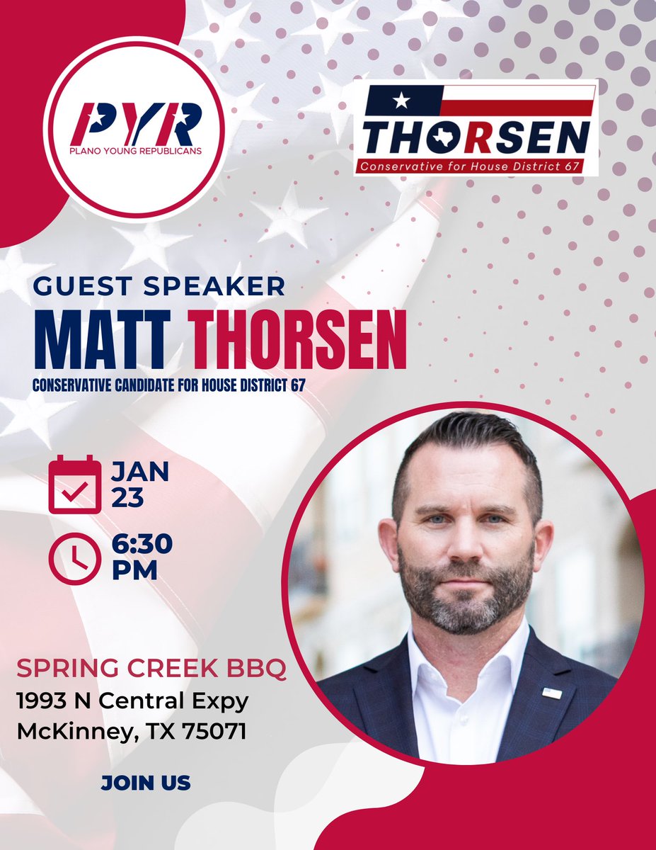Calling all Patriots! Join us this Friday with Matt Thorsen! <a href="/MattThorsenHD67/">🇺🇸Matt Thorsen for HD67 🇺🇸</a> 
<a href="/DallasYR/">Dallas Young Republicans</a> <a href="/YRsOfTexas/">Young Republicans of Texas</a> <a href="/RockwallYRs/">Rockwall County Young Republicans</a> <a href="/CollinGOP/">Collin County GOP</a> <a href="/YRsOfTexas/">Young Republicans of Texas</a> <a href="/TexasGOP/">Texas GOP</a>