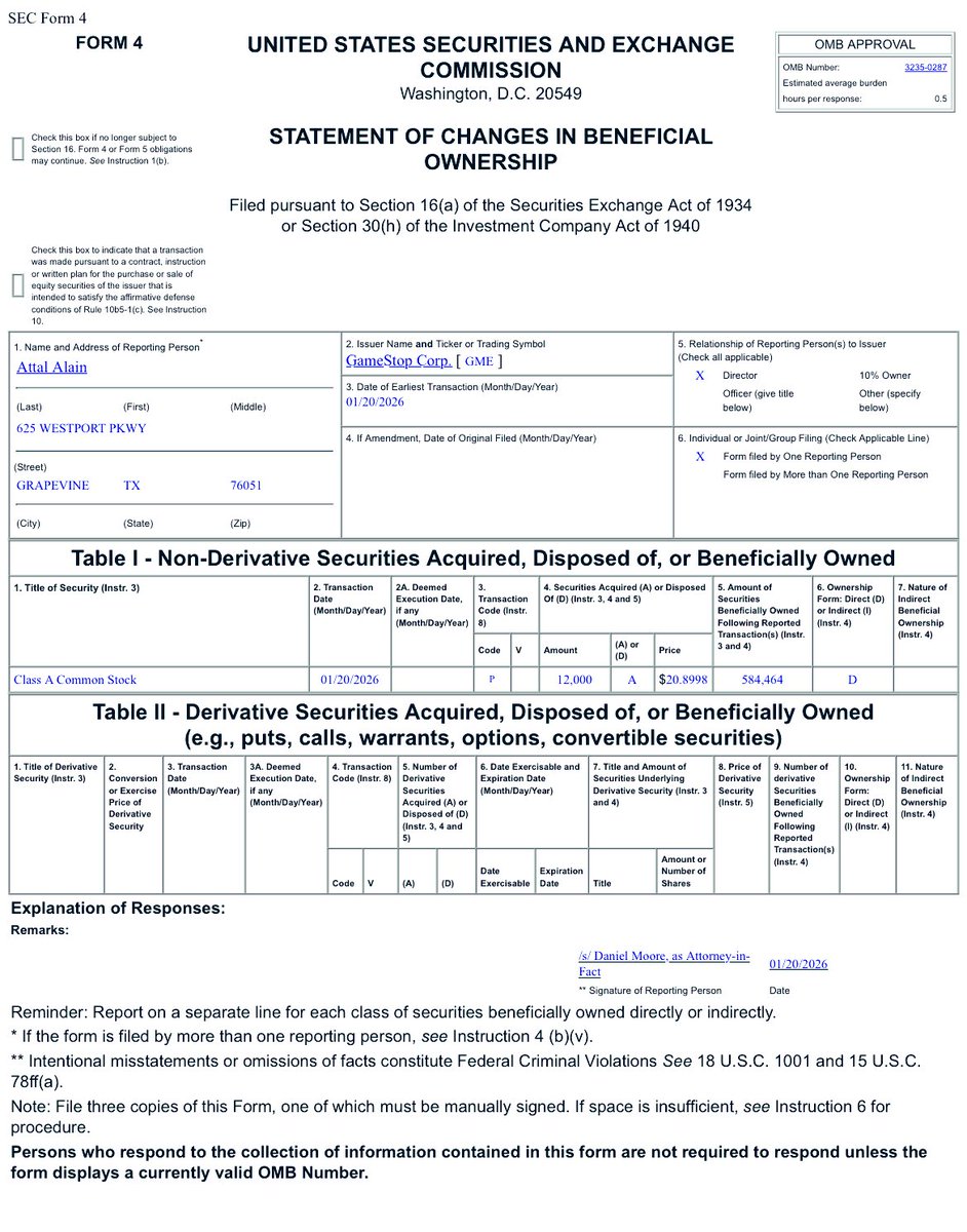 ReesePolitics's tweet image. Just in: GameStop insider Alain Attal buys 12,000 shares of $GME marking the second board transaction today. 🚨