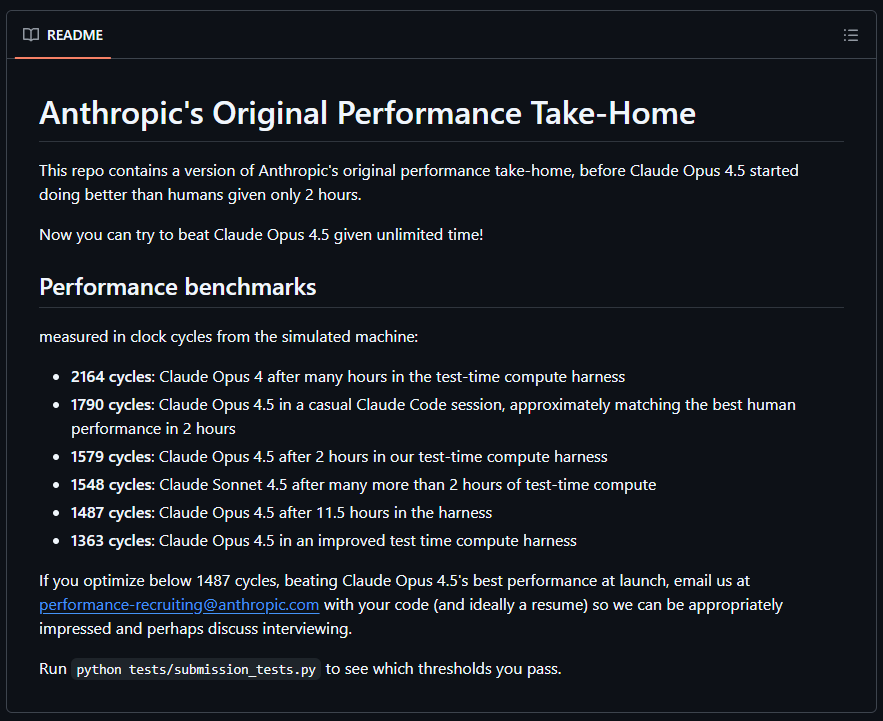 scaling01's tweet image. New Anthropic Repo - it's a kernel optimization challenge

The baseline is 147734 cycles.
Opus 4.5 got 1363 cycles.

If you beat it, you can apply to Anthropic

I have been playing with it for like 30 mins now and yes it's pretty fucking hard.

Getting below 2000 cycles is