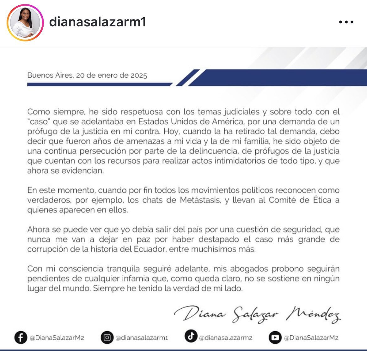 Gabopazec's tweet photo. Diana, una persona honesta sale como salió el juez Serrano. No debió ser nunca así, pero este país está en la debacle, lastimosamente. 

Tú, Diana, saliste negociando un cargo, y para aquello inventaste casos, perseguiste, ocultaste, filtraste información a la mafia, trabajaste con los narcos, hiciste de la Fiscalía una cloaca política. Por eso saliste, porque tarde o temprano todo te iba a reventar. Y no te creas, el tiempo se encargará de aquello. 

Eres una corrupta premiada con una embajada.