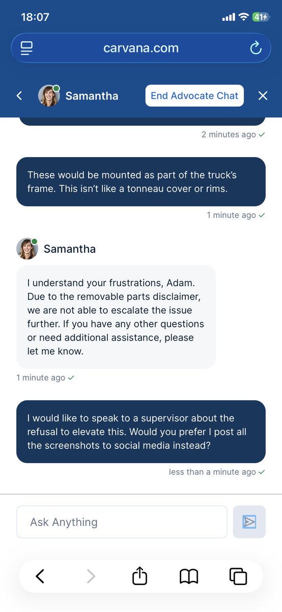 GrumpEVet's tweet photo. @Carvana Easy except when you find out the are charging you for a factory feature that has been removed from the vehicle &amp; they refuse to do anything about it or even elevate the problem to leadership https://t.co/LBpBtGBmoB