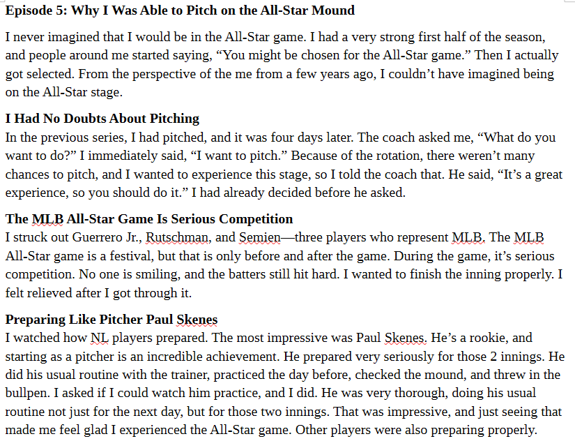CubbyMike76's tweet image. This is a summary of Shōta’s podcast from yesterday. In Episode 5, he talks about the 2024 All-Star Game. This episode is also very insightful. (It looks like the English version will take about 2–3 weeks to be released) @Cubs #GoCubsGo #BeHereForIt #FlyTheW #今永SHOTAISM