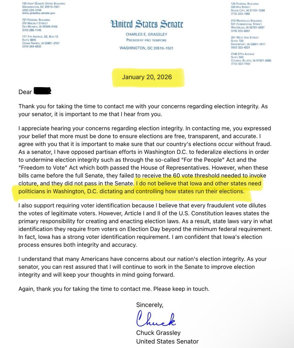 ScottPresler's tweet image. BREAKING: 

Senator Grassley (R-IA) will NOT support the SAVE Act. 

Despite the fact that the U.S. Constitution clearly states that Congress may regulate elections, 

Senator Grassley wrote, “I do not believe that Iowa and other states need politicians in Washington, D.C.…