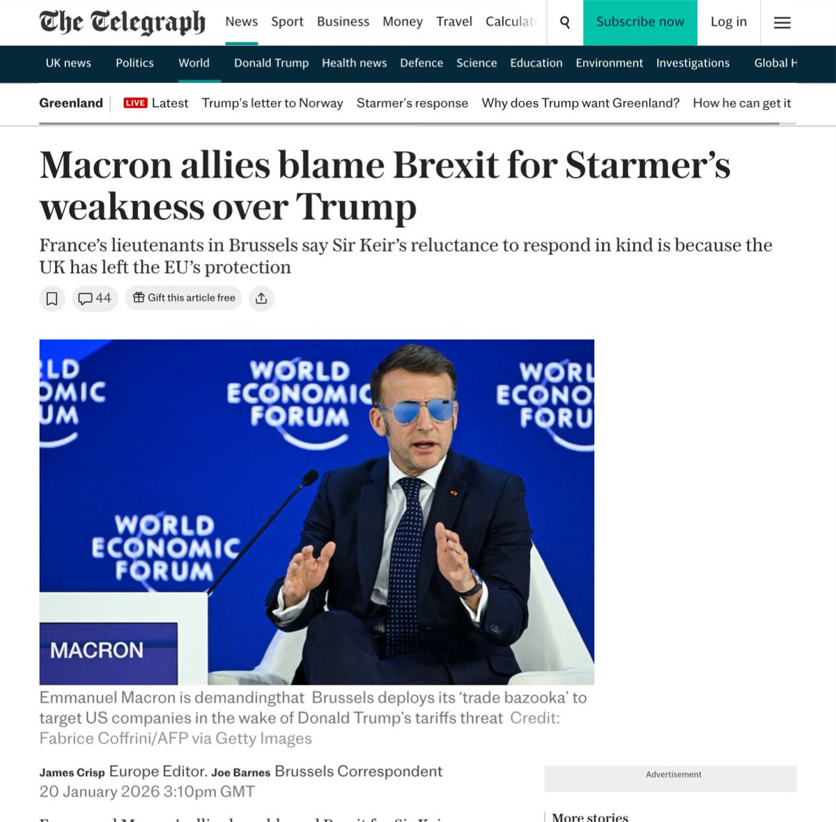 Macron’s allies say it plainly: Brexit is why Starmer is weak with Trump.

Inside the EU, you have leverage, a market of 460m and a trade bazooka.

Outside it, you urge calm while others decide.

Brexit left Britain weak and Trump knows it.

archive.ph/2026.01.20-183…