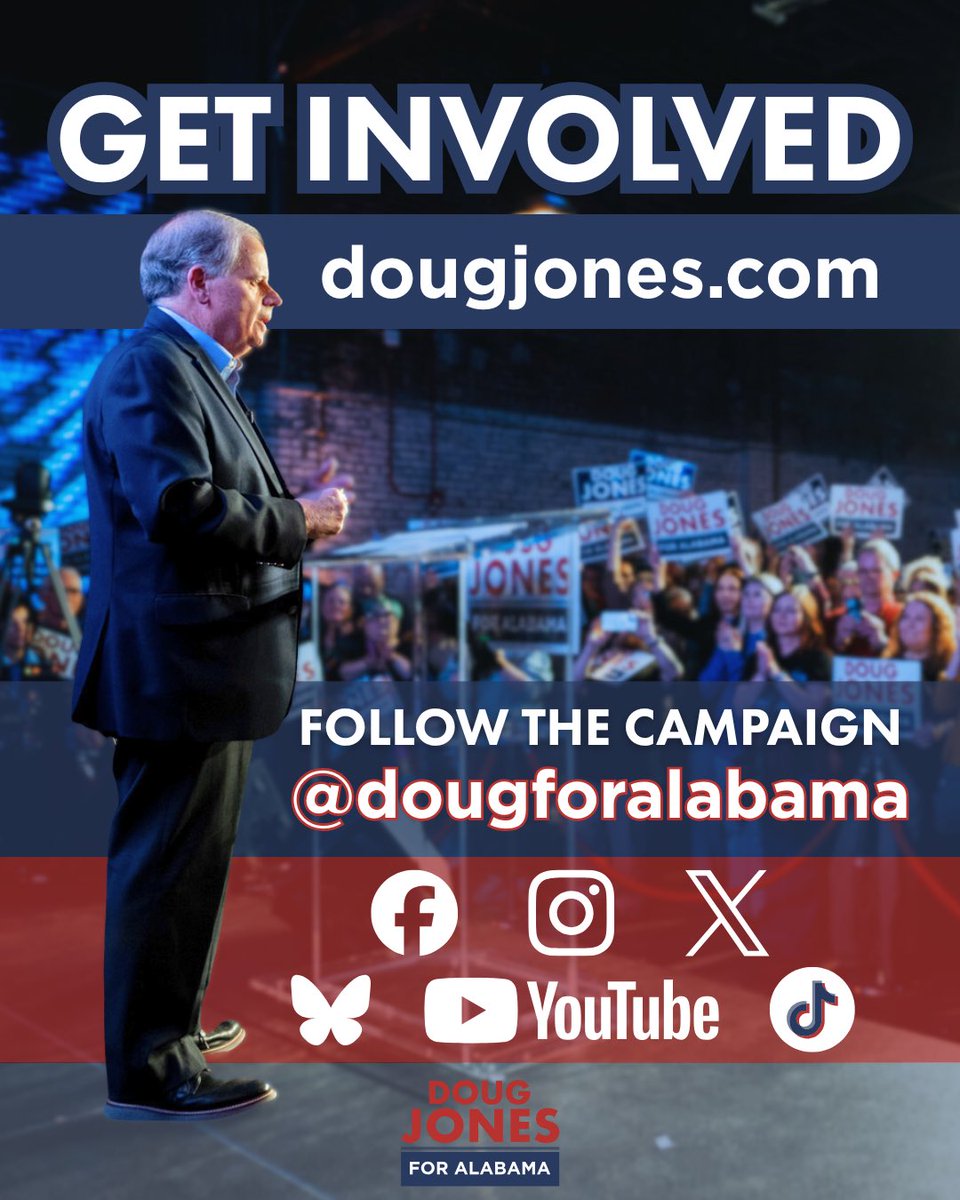 DougForAlabama's tweet image. Let’s get to work to elect @DougJones the next Governor of Alabama! Follow Doug for Alabama across platforms for campaign content and ways to get involved. #dougforalabama