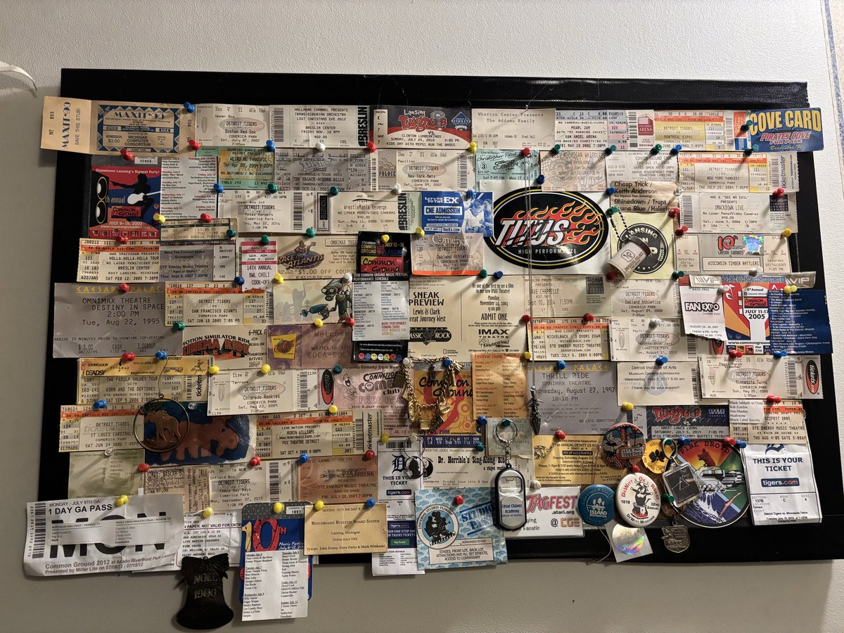RandyDPearson's tweet photo. @OneWayMusicX My brother had a few concert tickets on his bulletin board, so when I went to my first concert (April Wine in 1982) I saved that stub, and every concert and sporting event after that, until they stopped giving us paper tickets. I love having this memory board. https://t.co/iY61iK27ul