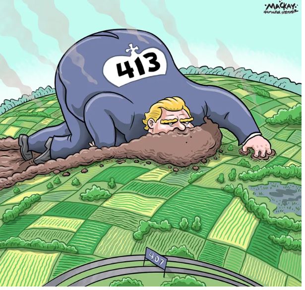 radiogirl985's tweet photo. The proposed 52-km Hwy 413 route is set to cut through &amp; pave over about 2,000 acres of prime, productive farmland in ON's Greenbelt.
#ONpoli #DougFord @SteveClarkPC @ROMA_Ont  #rural #farming #farm #food #security #taxpayers #money https://t.co/clhXmMfI0F