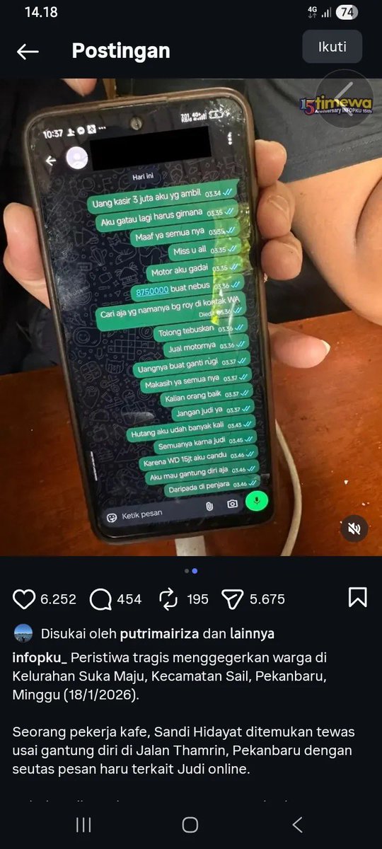 TW SUICIDE Ada yang bundir di tempat cafe dia kerja karena judol, terus uang kasirnya ditilep. Buset lah, mau empati tapi gimana ya:)

Lebih kasian sama owner cafenya kalau emang dia bundir di tempat dia kerja.. mana uangnya ditilep dulu.