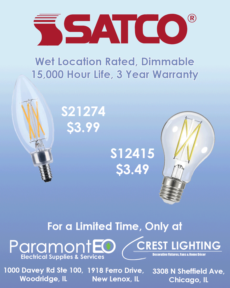 ParamontEO's tweet photo. Save big on select @Satco Products Nuvo Lighting filament lightbulbs. These bulbs are Wet Location Rated, making them ideal for outdoor use. With a 15,000 hour life and 3 year warranty, these bulbs will light your space for years to come.

#Outdoorbulb #Satco #Sale https://t.co/styKhOSA5o