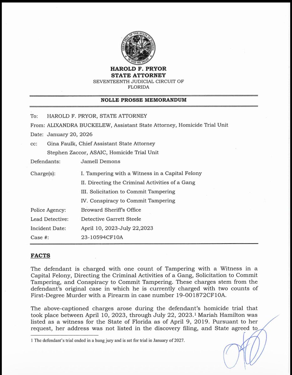 brysonboompaul's tweet photo. State of FL v. @YNWMelly - Witness Tampering: 

ASA Alixandra Buckelew and the @BrowardSAO have issued their memo, explaining the decision to drop the witness tampering charges against YNW Melly, real name Jamell Demons, at today’s status hearing. 

In the 5-page memo, the Prosecutors dropped the witness tampering case against Jamell Demons to avoid jeopardizing key jail-call evidence essential to proving consciousness of guilt in his pending double-mur trial. 

The state moved to drop the case because suppression of jail calls remains unresolved, risking acquittal and loss of critical evidence needed for the 2027 homicide trial.

Prosecutors charged YNW Melly with witness tampering and gang-related offenses tied to efforts to keep key witness Mariah Hamilton from testifying in his double-mur case.

Financial records show Hamilton received more than $31,000 from Demons’ management company and associates, plus assistance purchasing a Mercedes despite no reported income.

Jail calls, surveillance video, and inmate “kites” show Demons directing a relay system through inmates James Howard and Terrence Mathis to pass messages outside jail after losing phone privileges.

Recorded calls and messages instructed associates, including co-defendant @YnwBortlen, to keep Hamilton away from court, using coded language and nicknames.

Financial records show Hamilton received more than $31,000 from Demons’ management company and associates, plus assistance purchasing a Mercedes despite no reported income.

#ynwmelly #ynwmellytrial #ynwmellyretrial #hiphoptrials
