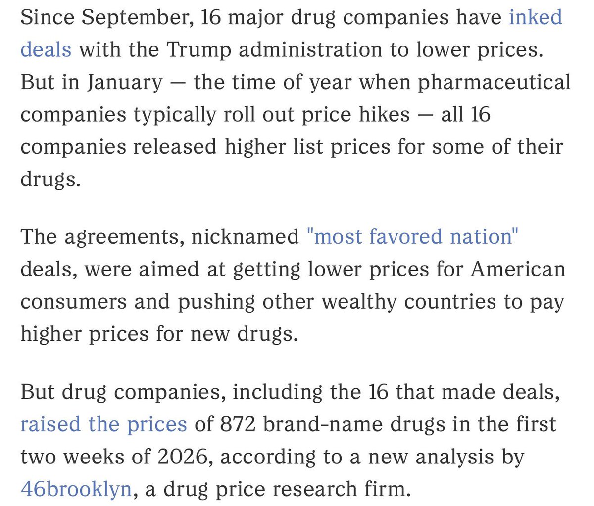 🚨 FELL FOR IT AGAIN: Rx DRUGS EDITION

2025: Trump says he made deals with 16 pharma companies to lower costs of Rx drugs. 

2026: Pharma Companies, including the 16,  have already increased prices of 872 name brand drugs in 2026.