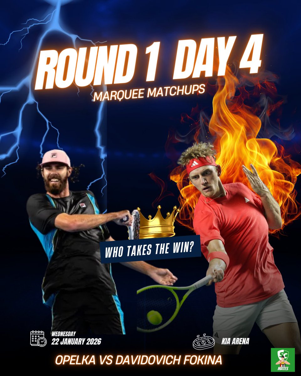 SCMates's tweet image. A Sweeny grind masterclass was the highlight of Day 3, how many Aussies can progress their way through to the third round today 🤔 Here are the top 3 marquee matchups for day 3!

1. Opelka vs Davidovich Fokina
2. Bublike vs Fucsovics
3. Thompson vs Borges

#AusOpen
