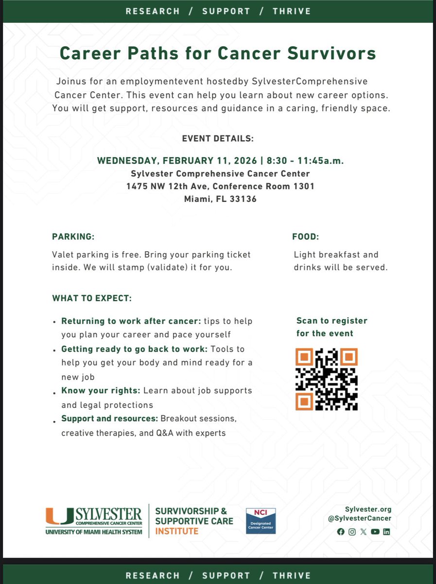 andreafda's tweet image. Life after cancer includes rebuilding your career. 💚

📅 Feb 11, 2026 | Miami
Hosted by @SylvesterCancer