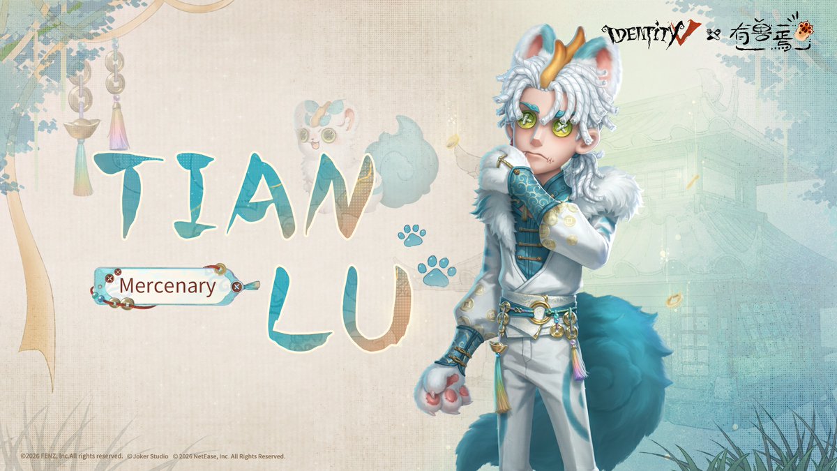 GameIdentityV's tweet photo. Dear Visitors,
Good fortune and great appetite—may all you eat taste divine!
Identity V × Fabulous Beasts Crossover will be available on February 12, with the Package including: 
[A Costume] Mercenary - TIANLU
[A Accessory] Mercenary - Pixiu Doll https://t.co/tCcWX0WHtF
