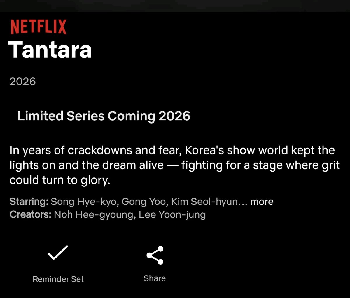 hyekyots's tweet image. Slowly and Intensely (Tantara) on Netflix: 

"A limited series coming in 2026.

Starring #SongHyeKyo, #GongYoo, #KimSeolHyun and more

This show is: Bittersweet, intimate and emotional

Description: In years of crackdowns and fear, Korea's showbusiness world kept the lights on…