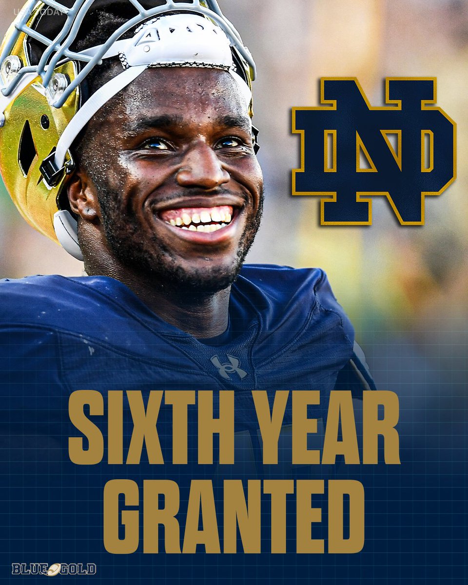 Jason Onye is getting a sixth season. The NCAA approved his eligibility waiver.

This might as well be the equivalent of another transfer portal addition for Notre Dame. The defensive tackle group is deeper and better with Onye in it. 

Huge.

<a href="/EHansenND/">Eric Hansen</a>: on3.com/teams/notre-da…