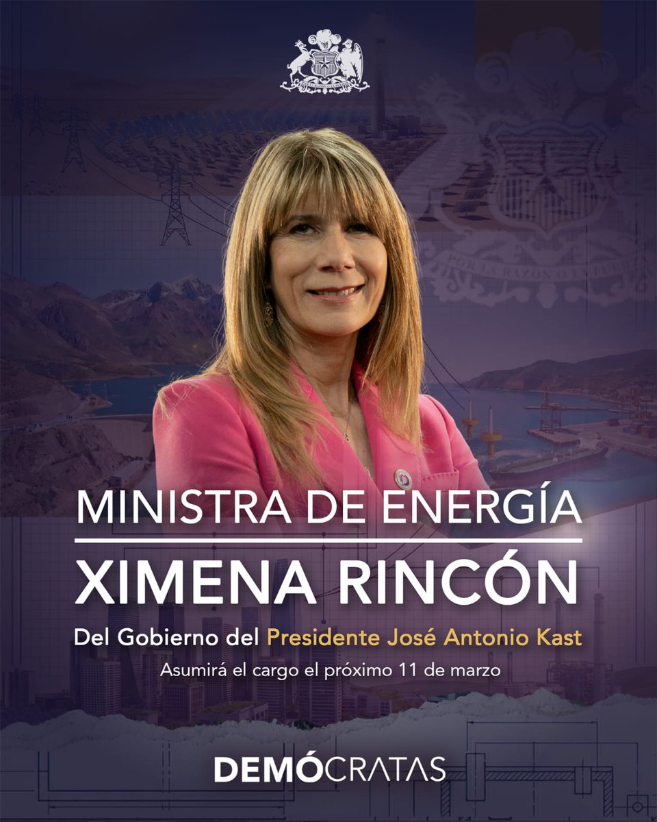 PDemocratasCL's tweet image. 👏🏼 Con mucho orgullo felicitamos a nuestra Presidenta Nacional, Senadora Ximena Rincón por su nominación como próxima Ministra de Energía 🔋

🏛️ La experiencia de @ximenarincon como Presidenta del Senado, Ministra Secretaria General de la Presidencia, de Trabajo y Previsión…