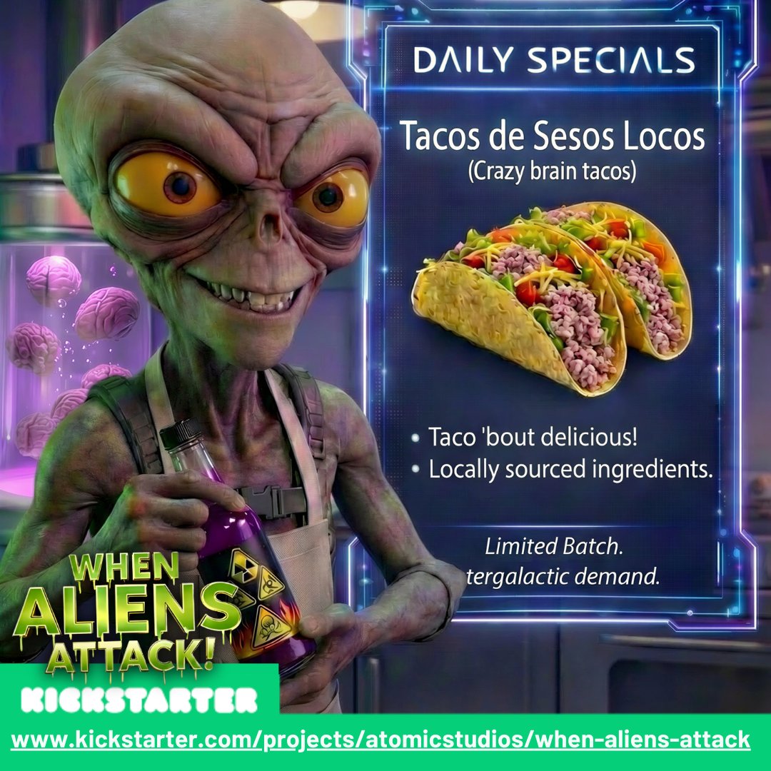 GoAtomicVideo's tweet photo. Taco Tuesday? Or Taco Doomsday?
Tomorrow is the last day to back season one!

https://t.co/zqRswOQTHW

#Kickstarter #IndieAnimation #SciFiComedy #Aliens #funny #brainfood #gross https://t.co/DGFBU3nPEg