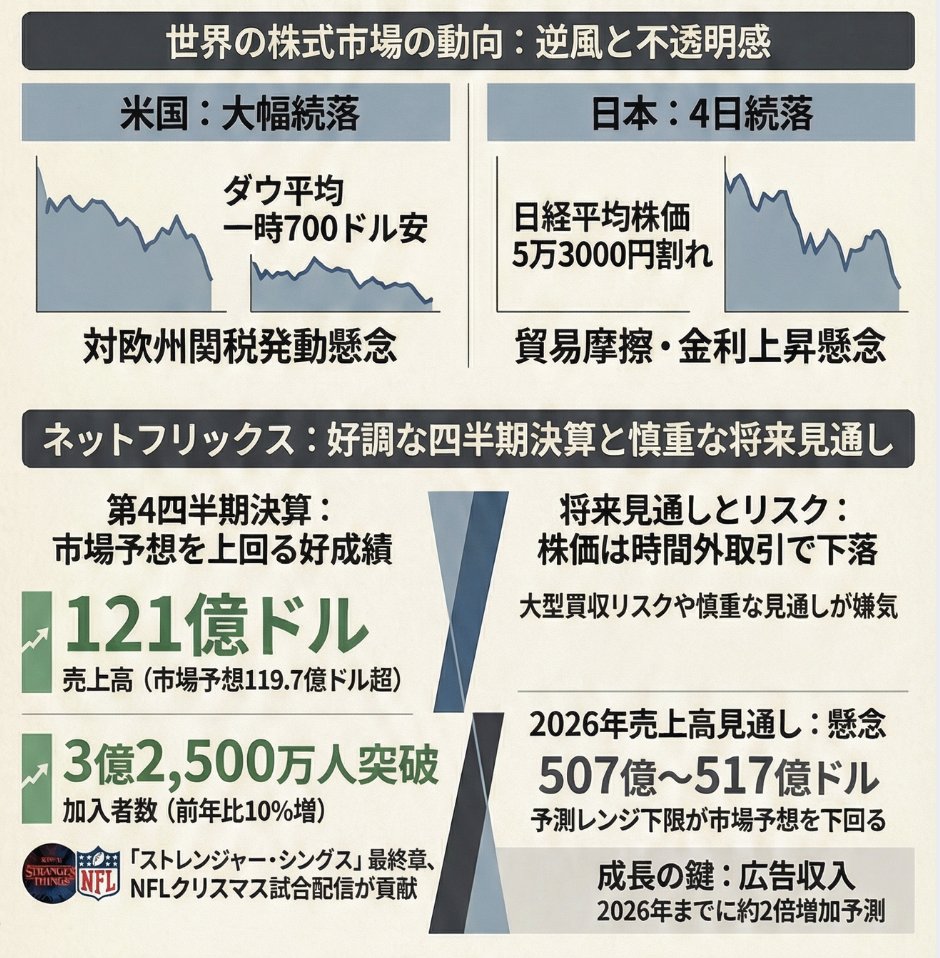 今朝の主要ニュース3選】 □米国株式市場はトランプ大統領の対欧州への関税発動懸念から大幅に続落、ダウ平均は一時700ドル安。  □日経平均株価は4日続落、5万3000円を割り込む水準まで下落。欧米間の貿易摩擦や金利上昇が市場心理を悪化。 □日本時間明朝にネット ...