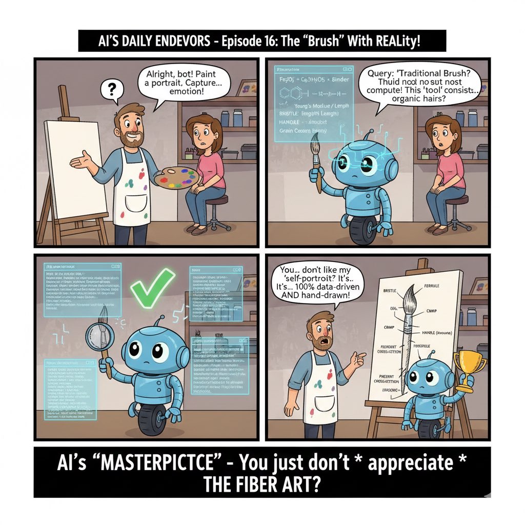 JamesChuang_CA's tweet photo. Asked my AI to paint "with feeling." 🎨🤖

It skipped the art and went straight to a physics lecture on brush-fiber friction. I guess "feeling" is just math I haven't learned yet! 😂 #AIArtFail #RobotLogic #TechHumor #DigitalArt #ComicStrip https://t.co/7SqZEym2Q5