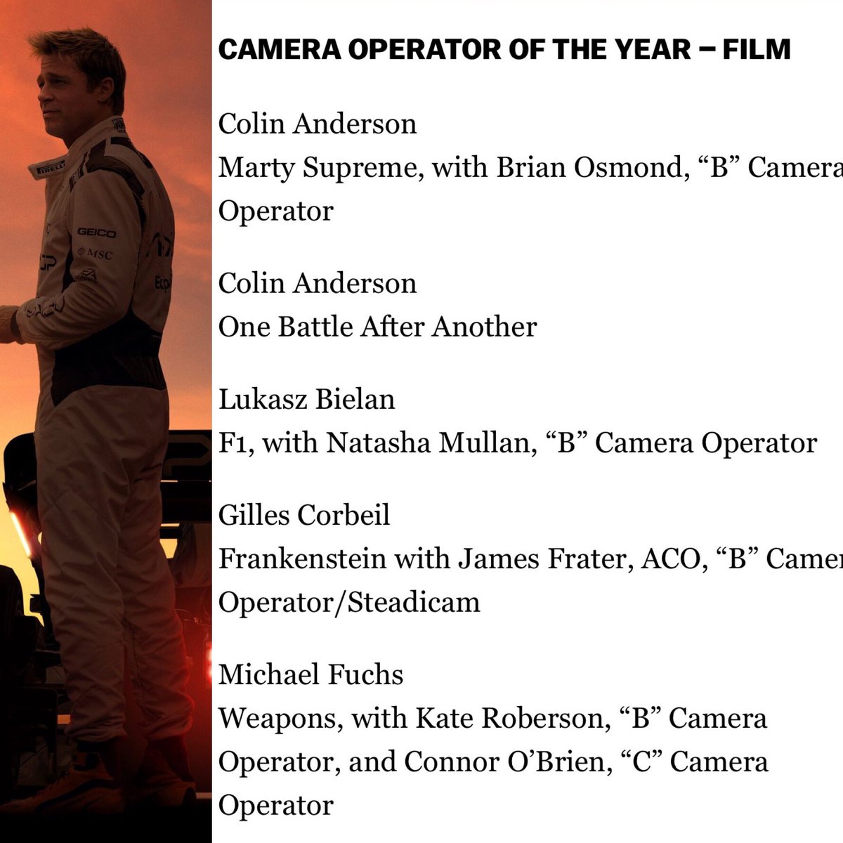 Luiz_Fernando_J's tweet photo. Also fascinating to see #F1 getting all the love in the craft guilds that I expected to see #WickedForGood & #AvatarFireAndAsh getting, after receiving a nod also from the #SocietyOfCameraOperators in their 2026 #SOC Awards today.
#F1TheMovie is going from not even being in the conversation to a possible multi craft nominee, and I’m here for it.
Loved that film!
