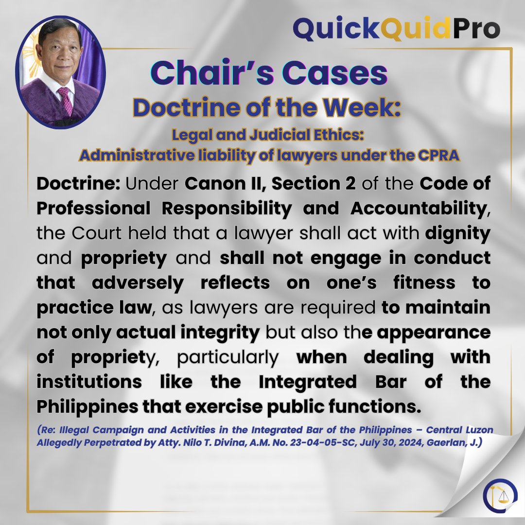 QuickQuid_Pro's tweet image. Legal and Judicial Ethics: Chair's Case ⚖️📖 

“Even without illegal campaigning, a lawyer may still be disciplined when his acts create an appearance of influence or impropriety that undermines the integrity of the IBP.”

See: facebook.com/quickquidproph/ 

#AweSAMbar2026 💛