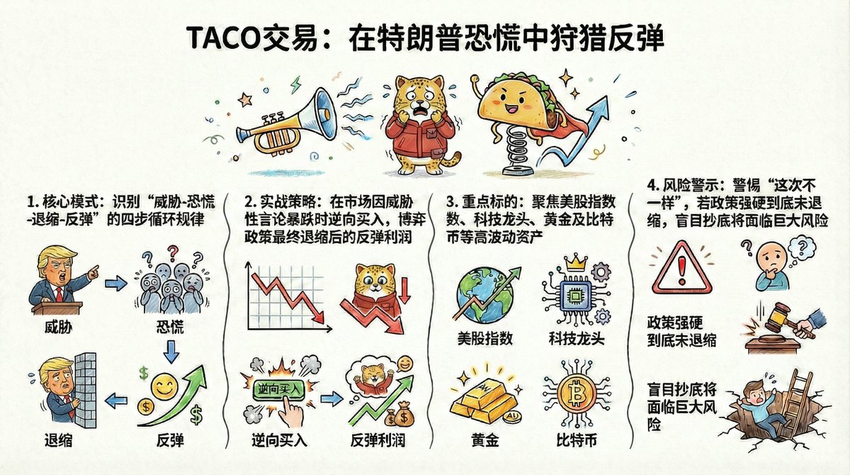 最近金融圈都在聊一个新词：TACO。

翻译过来有点幽默——「Trump Always Chickens Out」“特朗普总是临阵退缩”。简单说，这是一套专门针对川普反复操作的市场打法。