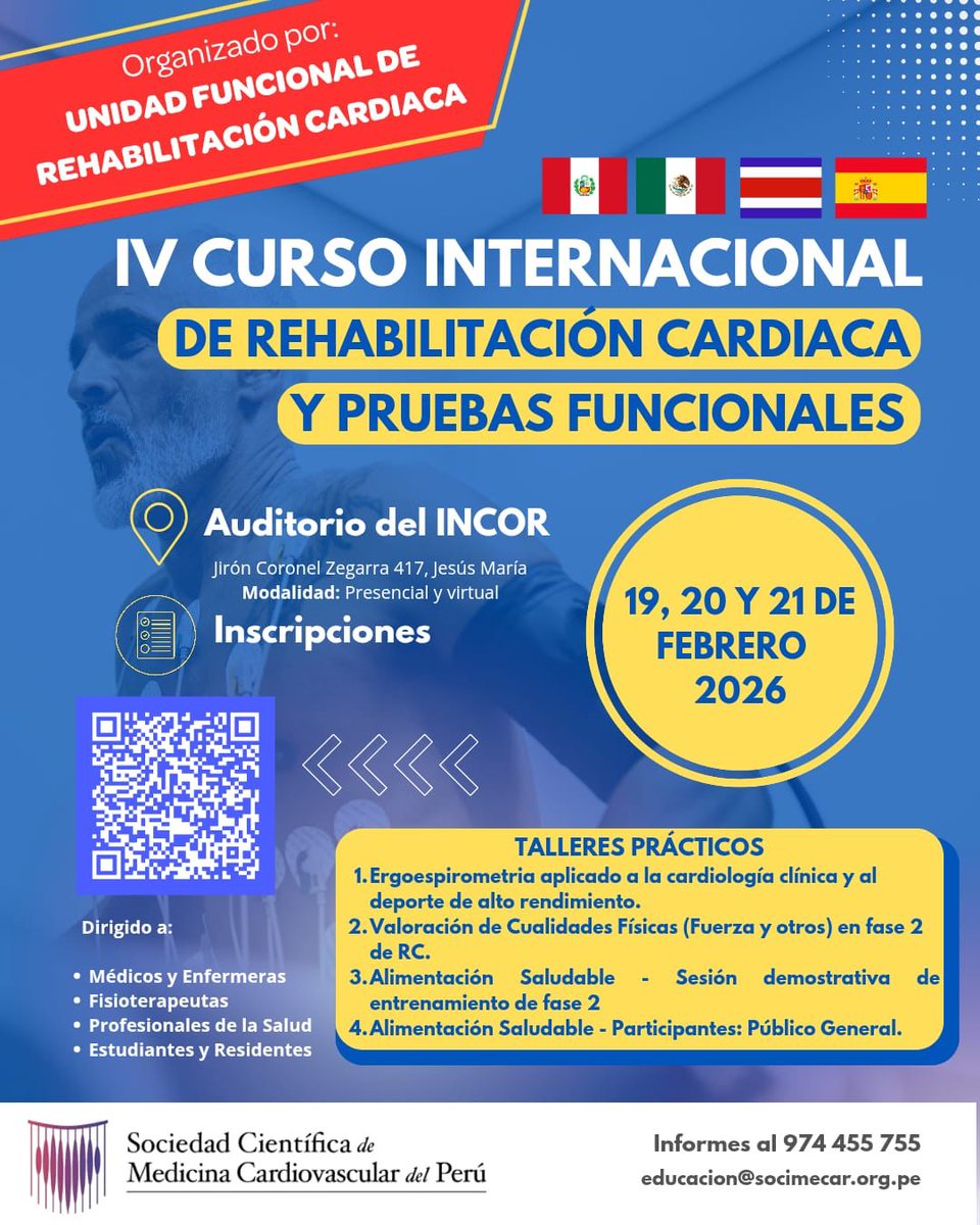 socimecar's tweet photo. Participa en el IV Curso Internacional de Rehabilitación Cardiaca de la #SOCIMECAR.

📍 Auditorio INCOR / Virtual 📅 19-21 Feb ⚠️ Cupos Limitados. ¡Inscríbete hoy antes del próximo cambio de tarifa! 📉💸

Info y registro: https://t.co/Ec3XPIebvn https://t.co/jZu0jP5xay