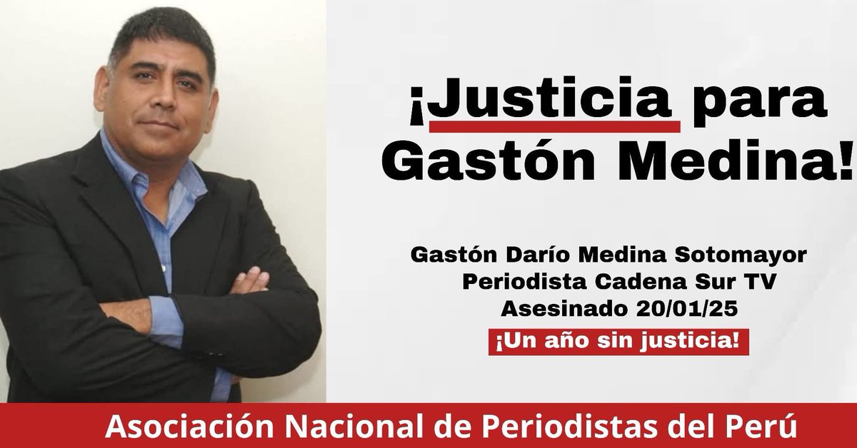 zulianalainez's tweet image. #Perú Hoy se cumple un año de asesinato de periodista Gastón Medina, perpetrado por sicarios cuando salía de su domicilio a conducir su programa informativo en Cadena Sur TV, en Ica.
La Fiscalía de DDHH tras 12 meses no ha determinado móvil ni identificado a autores intelectuales
