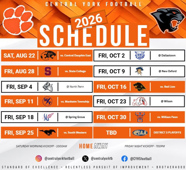 centralyorkFB's tweet photo. π§‘π€ 2026 Central York Football Schedule π€π§‘
Friday nights. Big matchups.
The work starts Aug. 22.
π Built, not given.
π Central Pride.
#CentralYorkFootball #PantherNation #FridayNightLights #CYHS https://t.co/RY4468mzkL