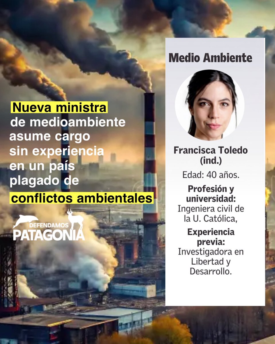 ¡Chile tiene nueva ministra de medioambiente ! 

Francisca Toledo, la nueva ministra de Medio Ambiente designada por el presidente electo José Antonio Kast
es ingeniera civil industrial de la UC, con un postgrado en Derecho Regulatorio y experiencia en el think tank Libertad y