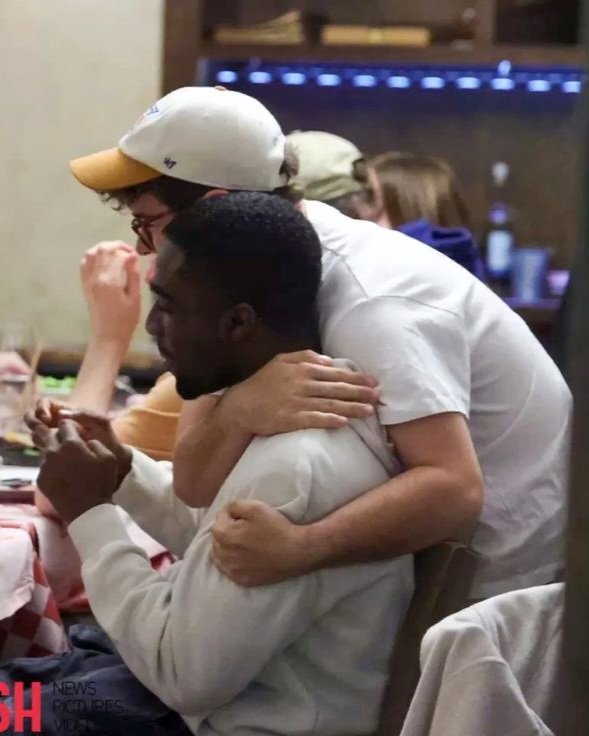 Caleb's 'broadway besties' hugging him in exactly the same way. i love these three so much 😭❤️