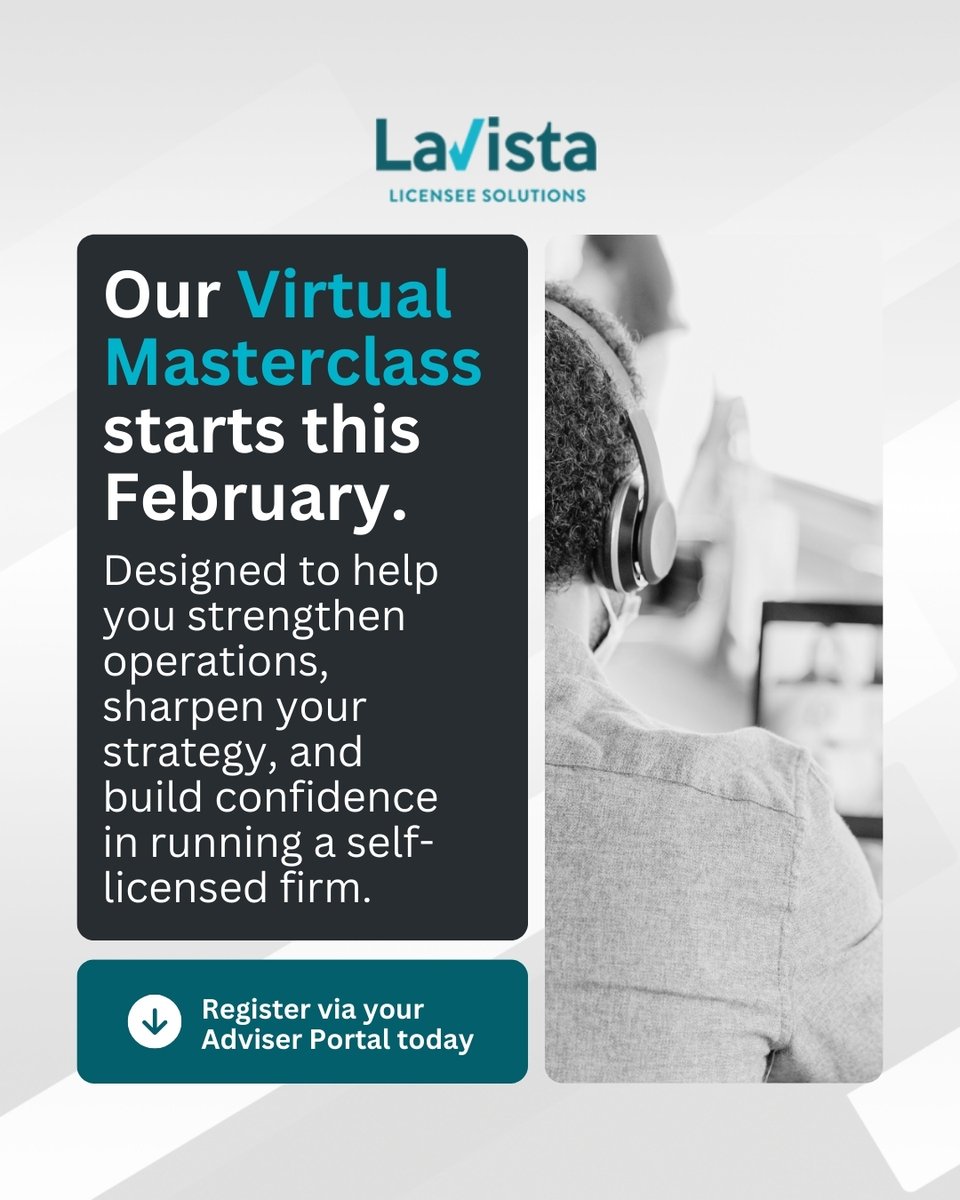 Our upcoming Virtual Masterclass is designed to give leaders the structured guidance they need to run a more confident and capable business. Register via your Adviser Portal 🔗 bit.ly/4oT4Spd #lavistalicenseesolutions #dealerservices #selflicensed #financialadvice