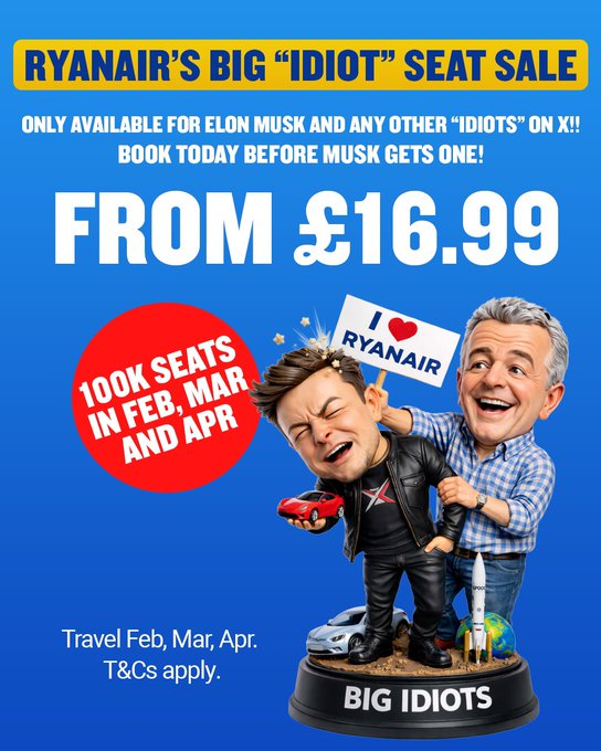 AbdurehmanMunir's tweet photo. @Ryanair found a quick and cheap way to do marketing by using the name of @elonmusk, knowing that his name alone is worth billions of dollars.
Well, donโt worry, Elon is certainly going to buy this airline and turn it into #XAir.
Your thoughts? https://t.co/rJJ0BJfOS9