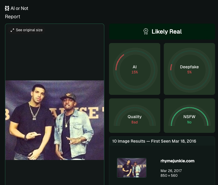 this is AI, this is AI

New collab by <a href="/Drake/">Drizzy</a> &amp; <a href="/kendricklamar/">Kendrick Lamar</a> 'He is Like Us' is not real. 

With bars like 'Drake is my teammate, hes like John Stockton' and 'me and Drake at the super bowl go Chiefs.' 
all fake
(image is real, circa 2016)

be careful out there 🤖